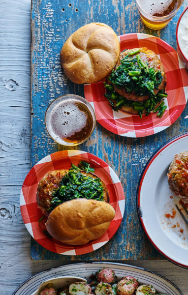 glazed-chicken-burgers-broccoli-rabe-lemon-mayo