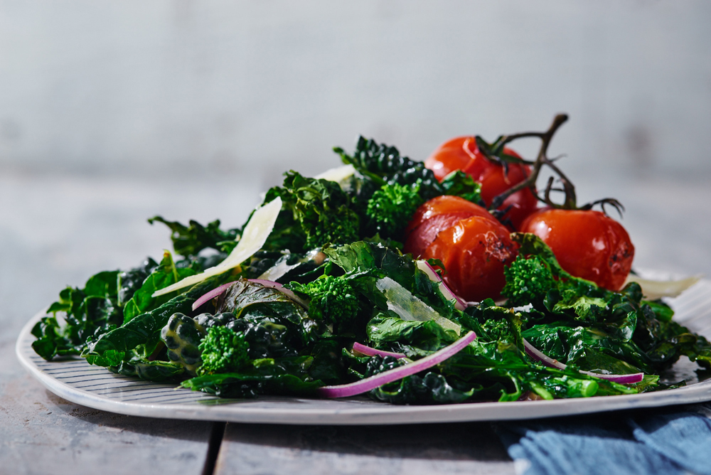 Caesar Salad with Roasted Broccoli Rabe and Kale